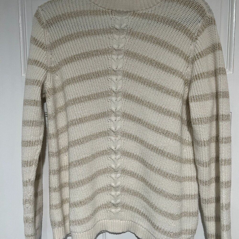 Talbots Women's Large Sweater Pullover White Gold Striped Long Sleeve Knit